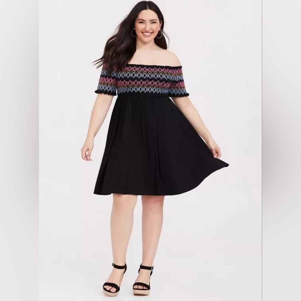 Black Embroidered Off Shoulder Skater Mini Dress image 5